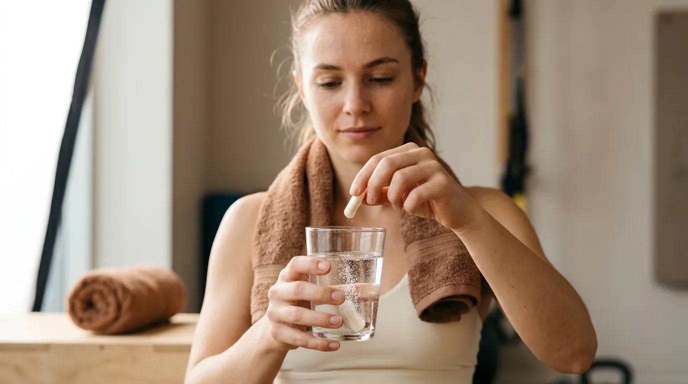 Junge Athletin löst nach dem Training eine H-500-Antioxidanskapsel in einem Glas Wasser in warmem Wellness-Studio auf