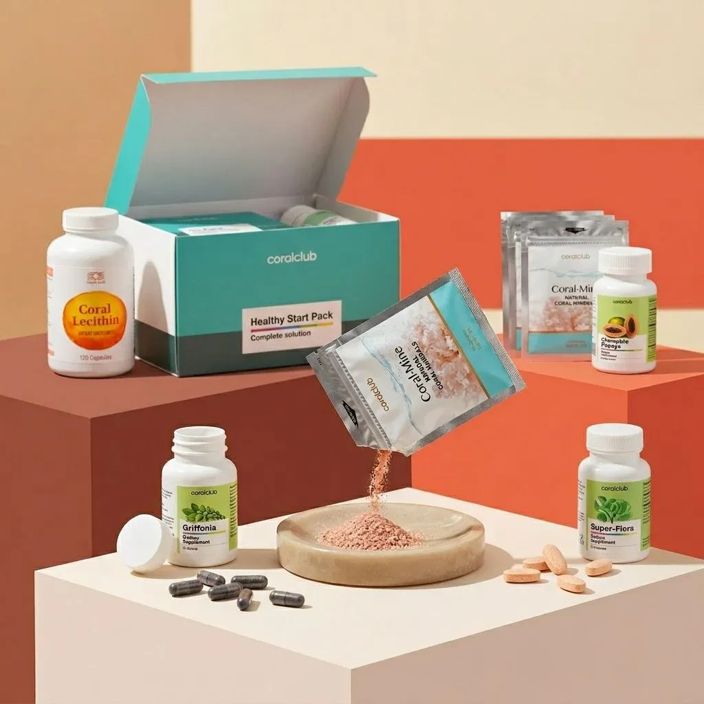 Healthy Start Pack detail with supplements, including Coral-Mine and Coral-Flex, on a minimalist background.