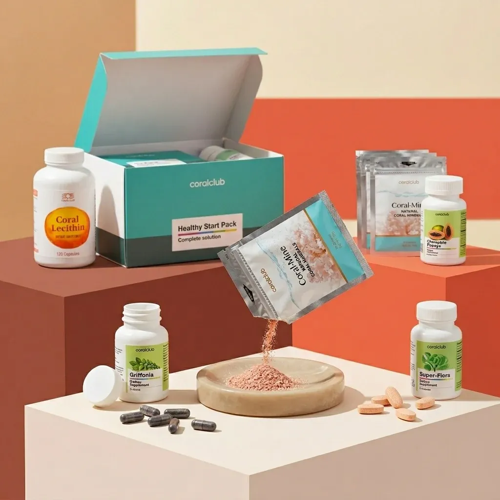 Healthy Start Pack detail with supplements, including Coral-Mine and Coral-Flex, on a minimalist background.