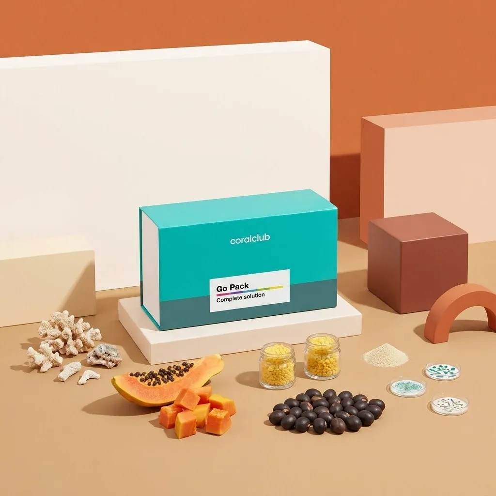 Healthy Start Pack with papaya, coral calcium, and various supplements on a minimalist background.