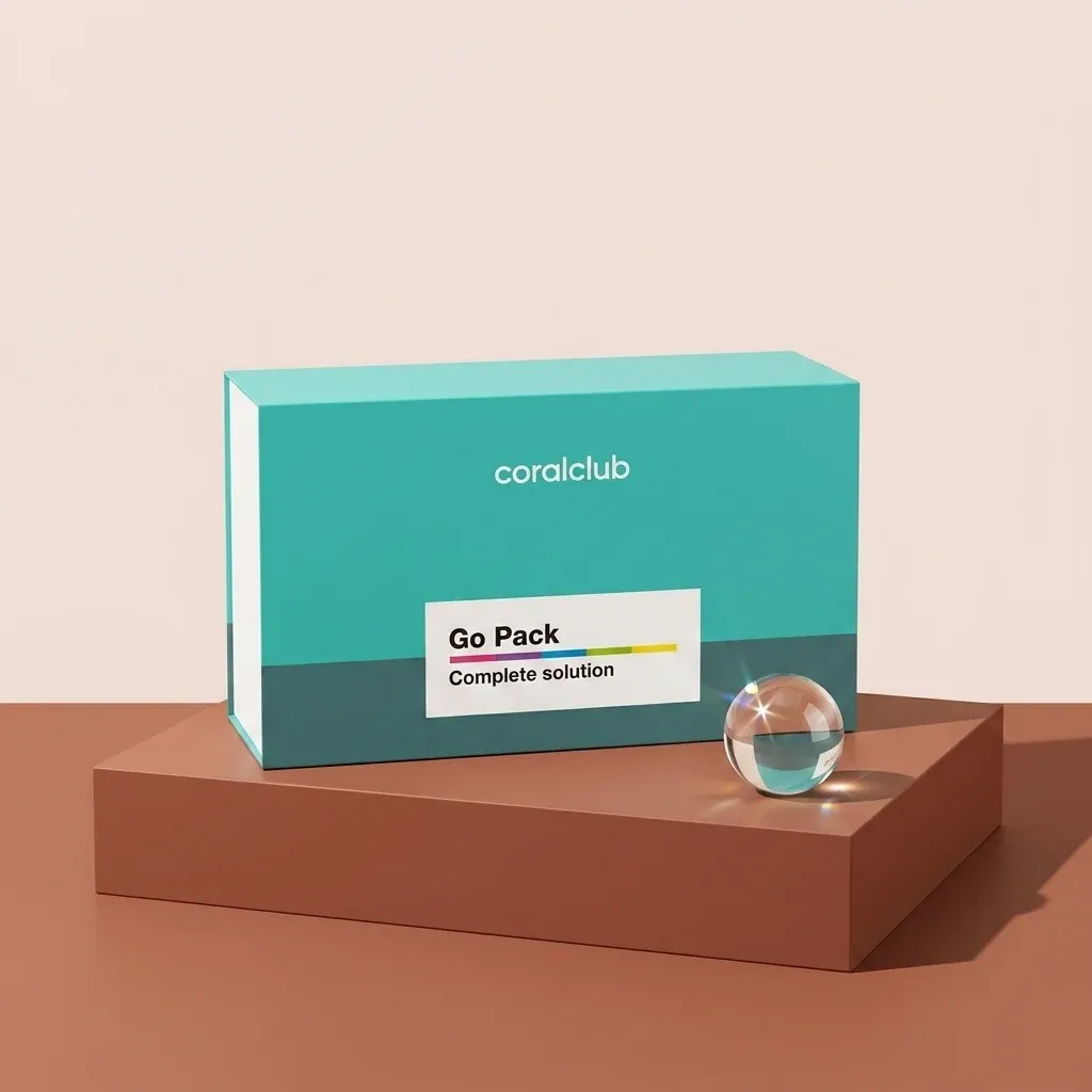 Healthy Start Pack in a teal box on a minimalist surface with a clear orb.