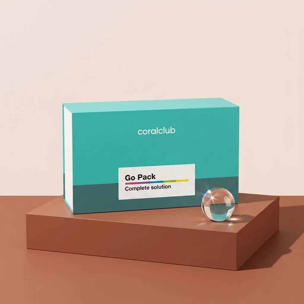 Healthy Start Pack in a teal box on a minimalist surface with a clear orb.