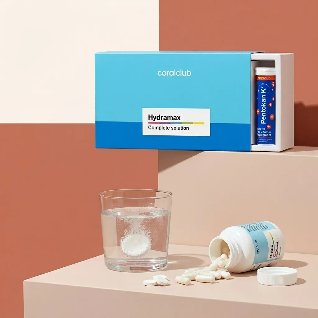 HydraMax detail image featuring the product box, effervescent tablet in water, and supplement bottle.