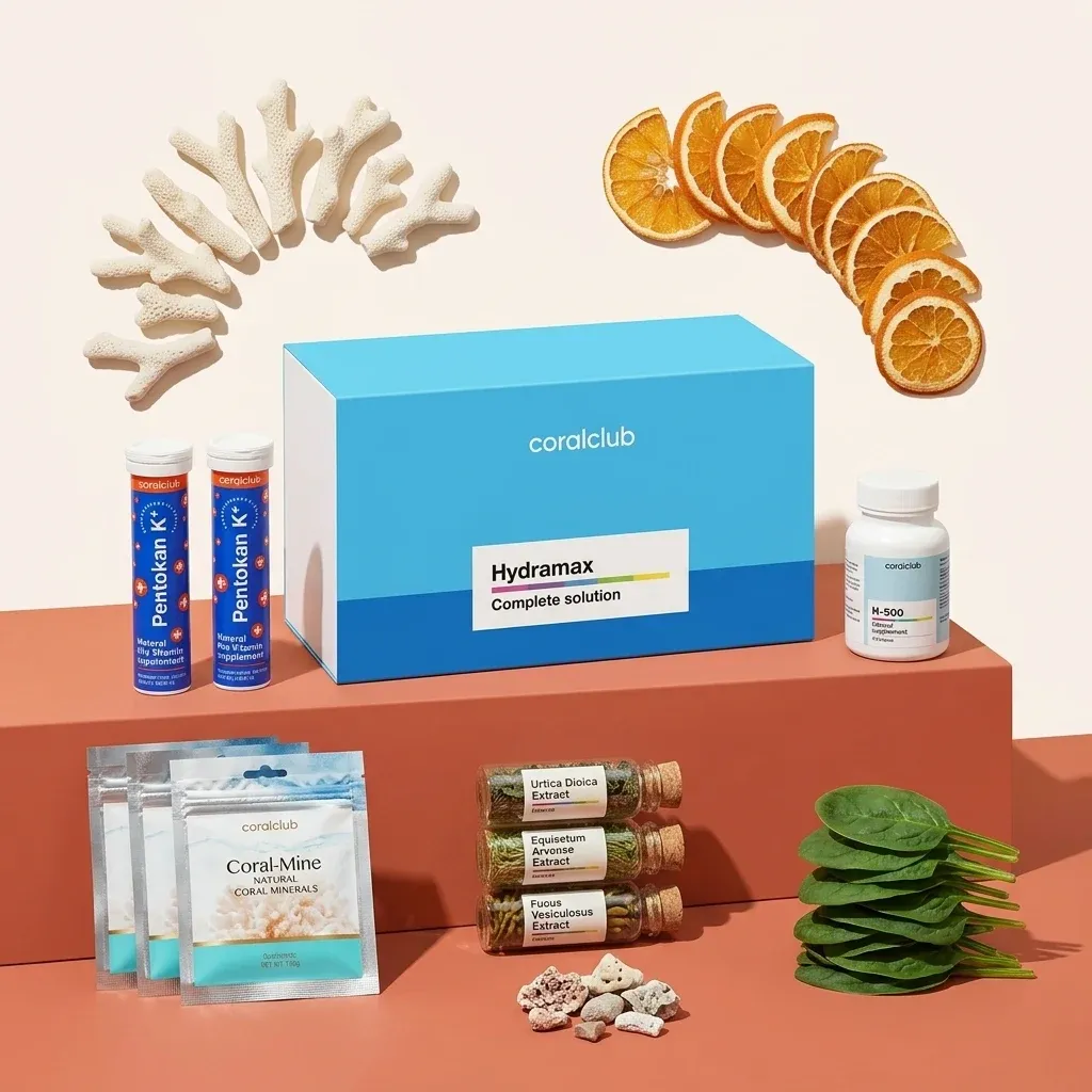 HydraMax ingredient collection with supplements, coral, dried orange slices, and fresh spinach.