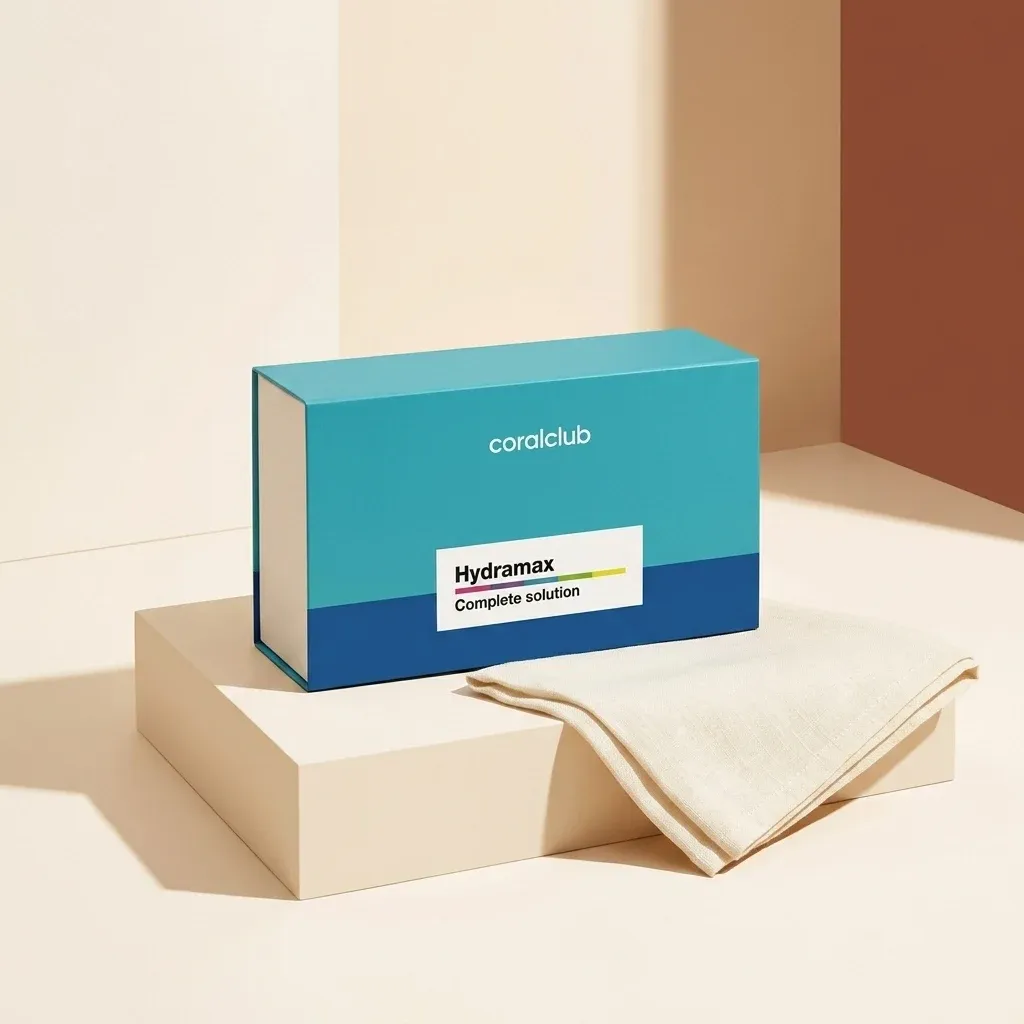 HydraMax packshot in a modern setting with a soft cloth backdrop.