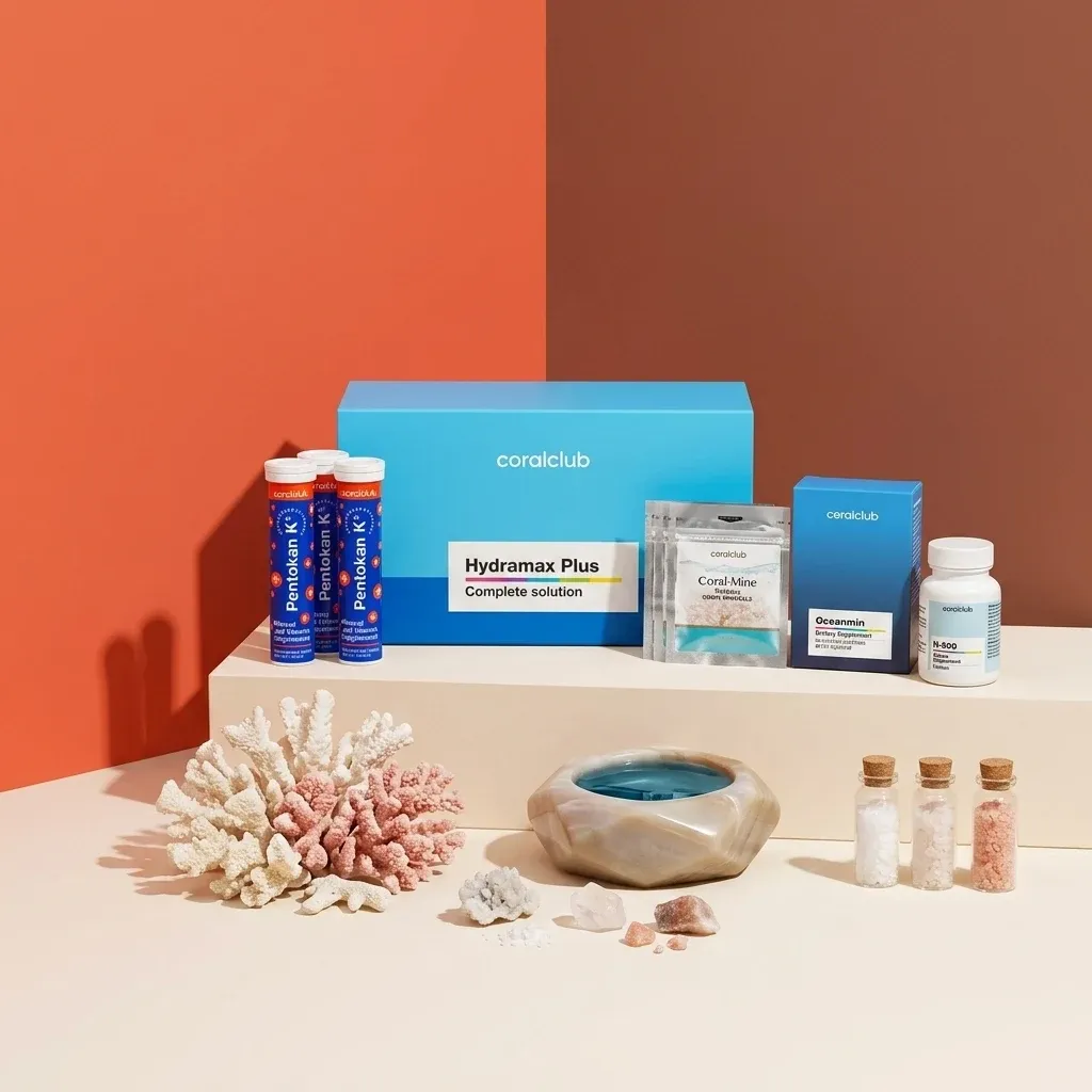 HydraMax Plus ingredient display with Coral-Mine sachets, minerals, and hydration products on a neutral background.