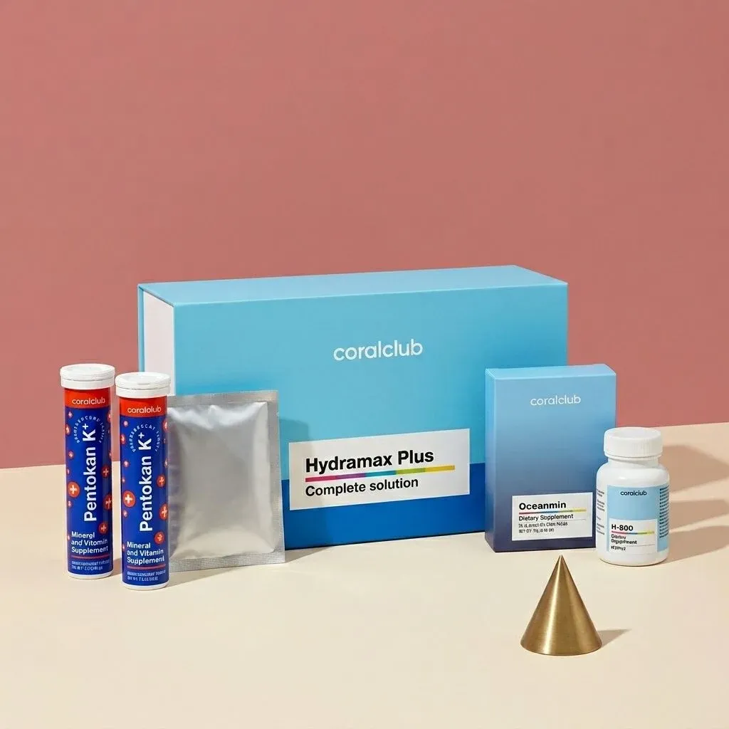 HydraMax Plus packshot with complete solution box and product tubes on a pastel background.