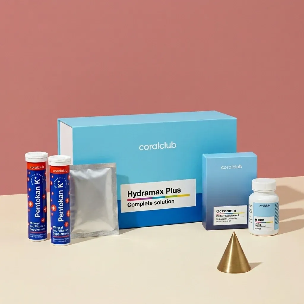 HydraMax Plus packshot with complete solution box and product tubes on a pastel background.