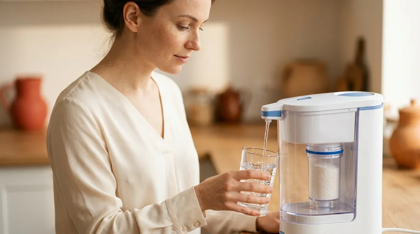 Frau füllt Glas am Coral-Mine Tischwasserfilter mit feinem Korallenpulver für Hydration & gesunden Mineralhaushalt