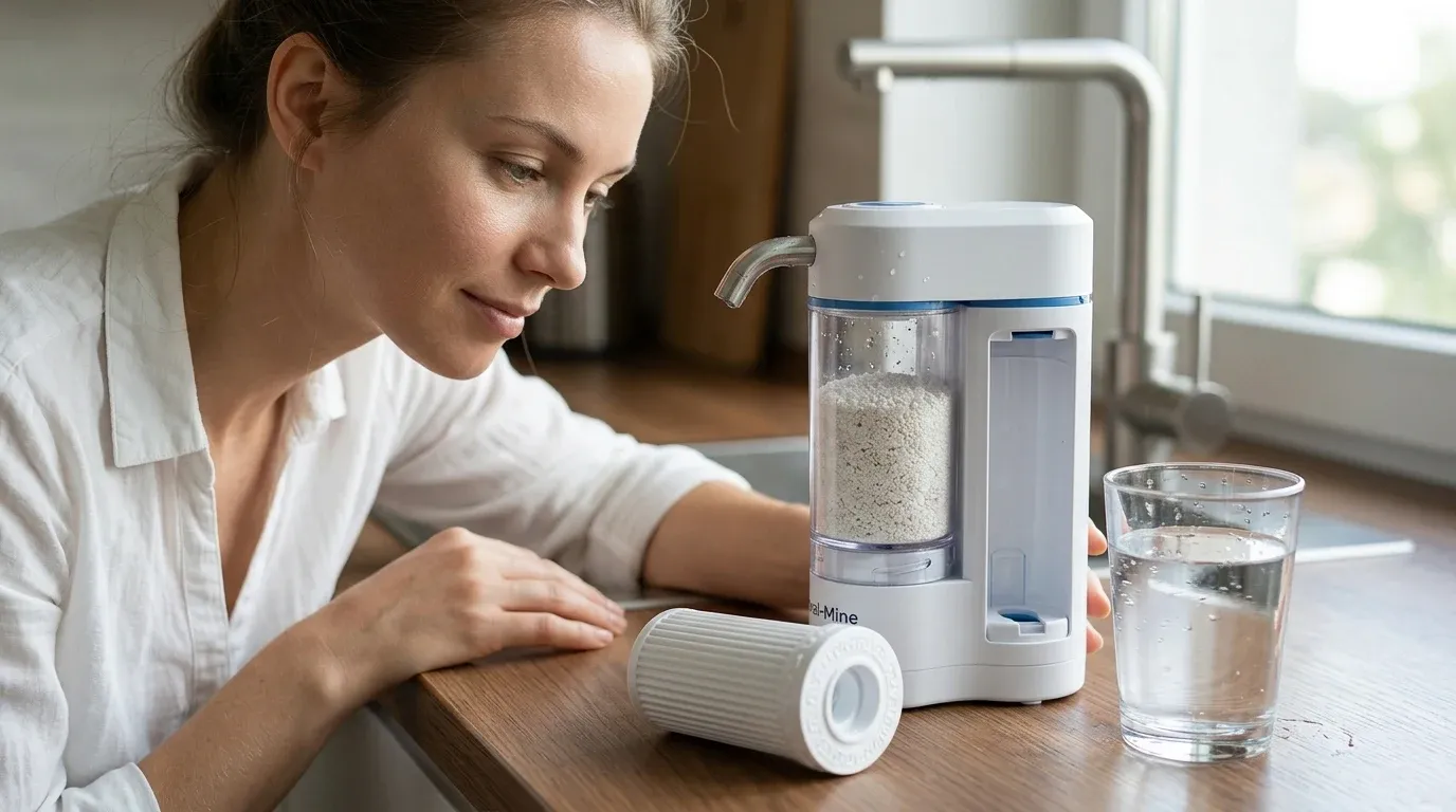 Küchentheke im Sonnenlicht, eine gesunde Frau bedient den Coral-Mine Wasser-Mineralisator als Ritual für Hydration & Vitalität