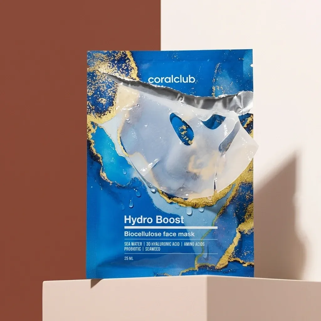 Hydro Boost Biocellulose Facial Mask packshot with blue design and hydrating ingredients.