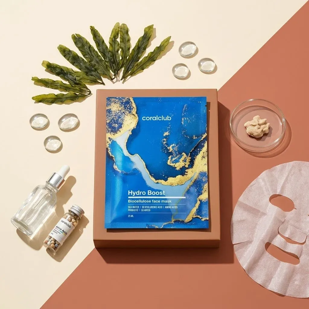 Hydro Boost Biocellulose Facial Mask with seaweed ingredients and hydrating essence, displayed with skincare products.