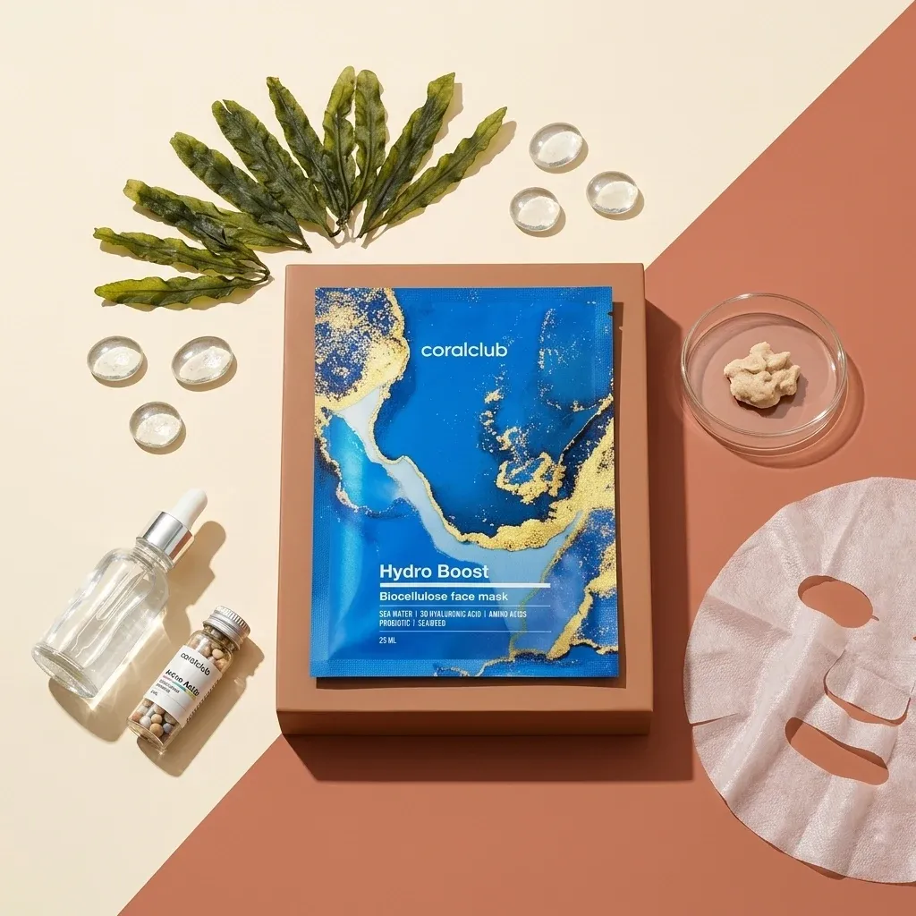 Hydro Boost Biocellulose Facial Mask with seaweed ingredients and hydrating essence, displayed with skincare products.