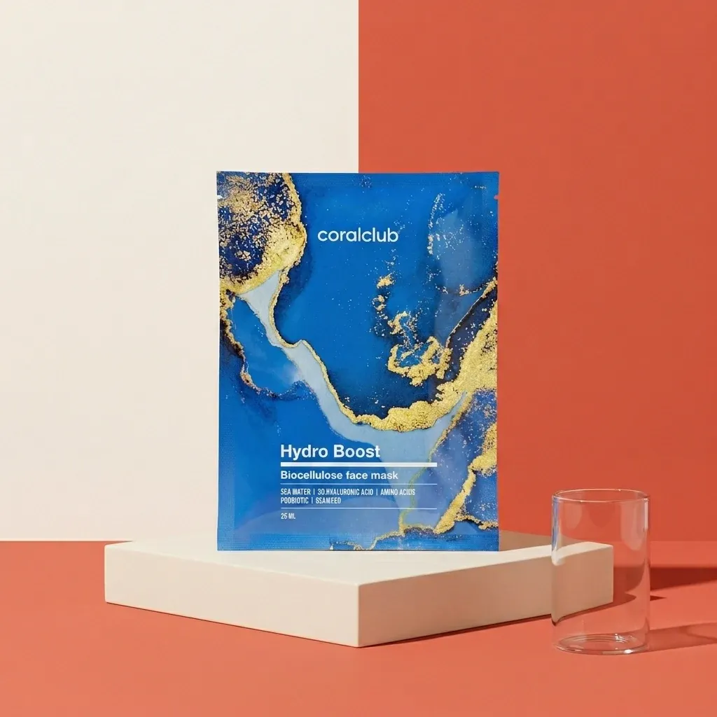 Hydro Boost Biocellulose Facial Mask packshot with vibrant blue and gold design on a minimalist background.
