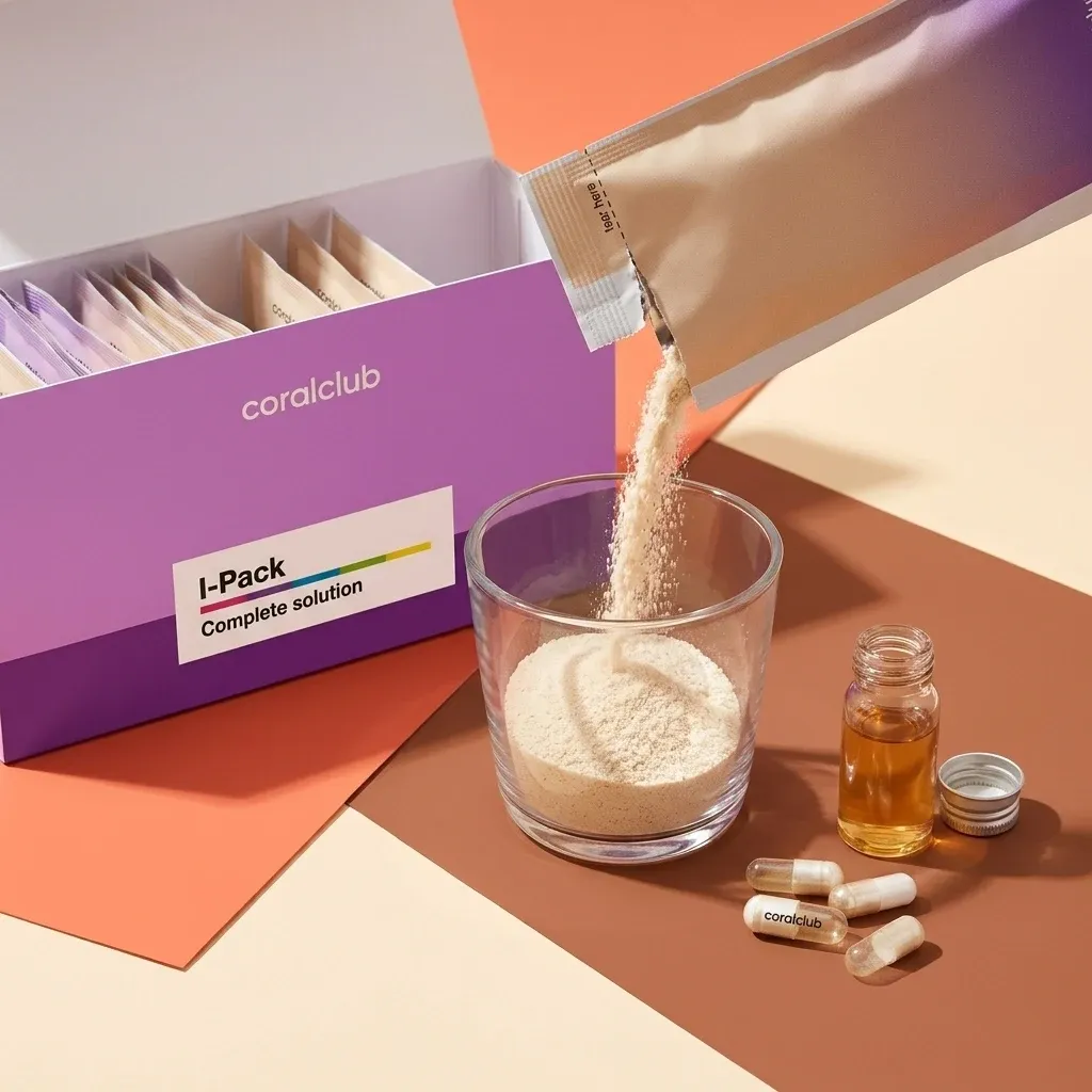 Immunity Pack detail with powder being poured into a glass, capsules, and oil bottle on a colorful backdrop.