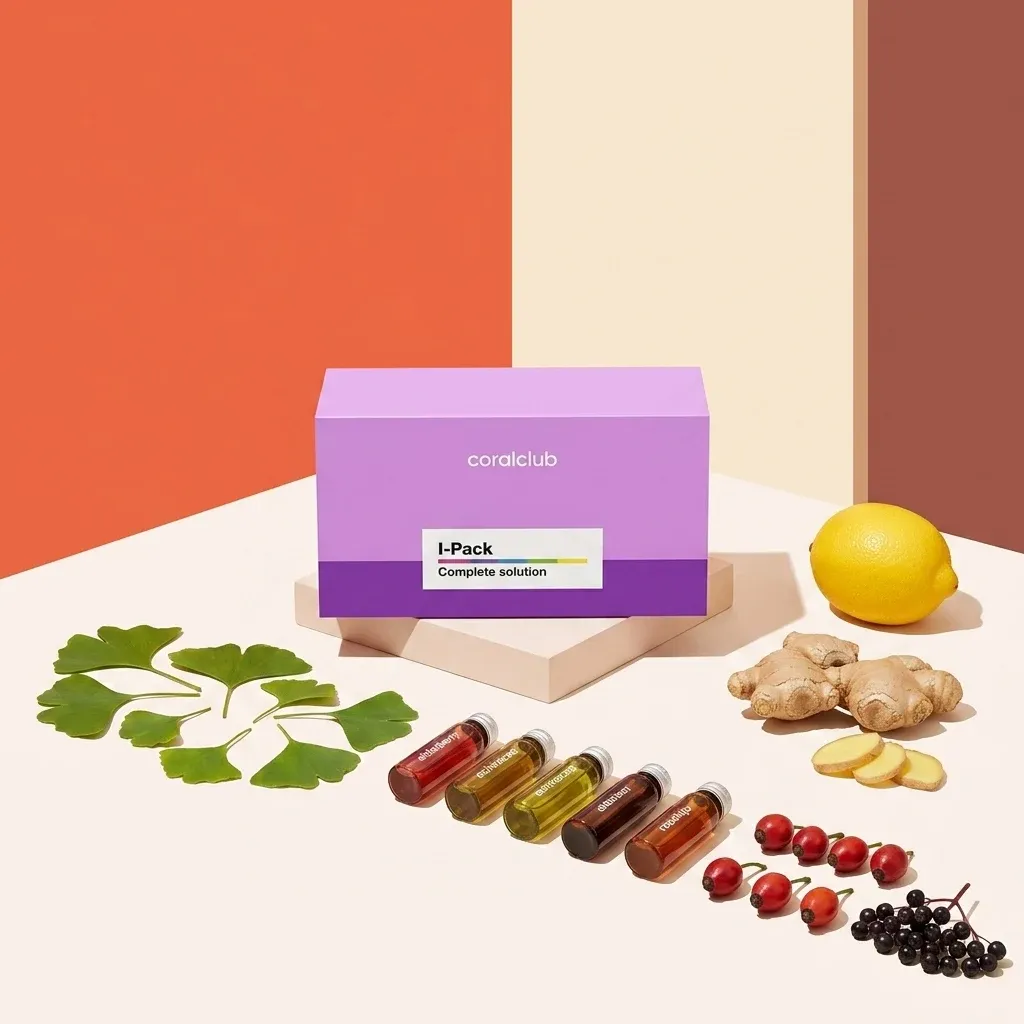 Immunity Pack with ginger, lemon, and herbal vials on a colorful background.
