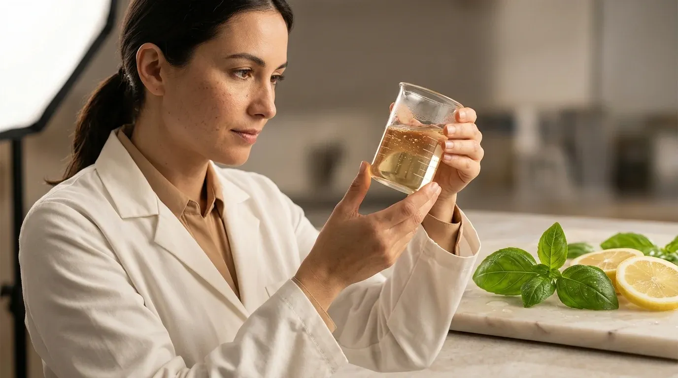 Labortechniker prüft naturbelassene Inhaltsstoffe & Formulierungen im warmen Studio – Innovation & Qualitätskontrolle.