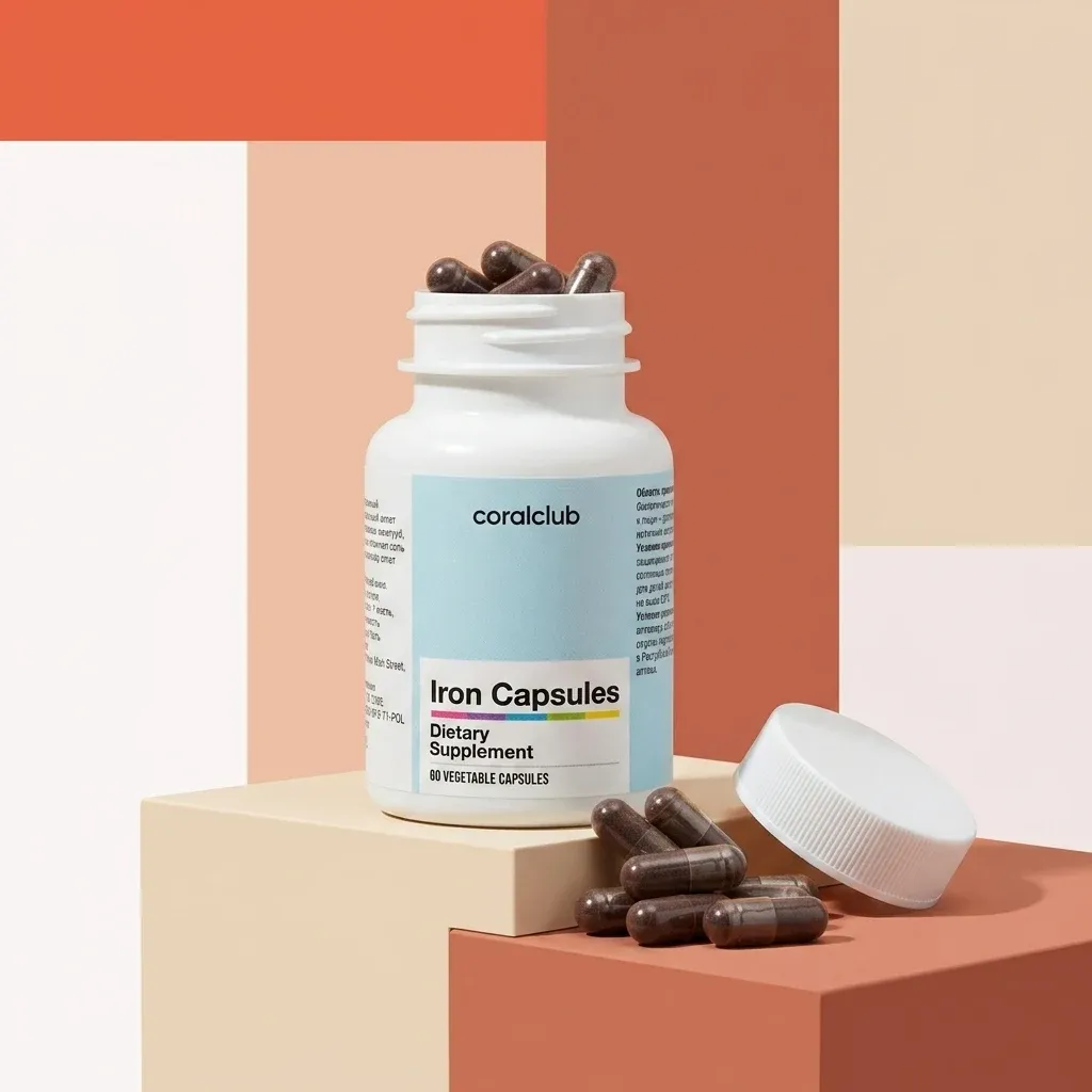 Iron Capsules in a bottle with open lid and capsules on a geometric background.