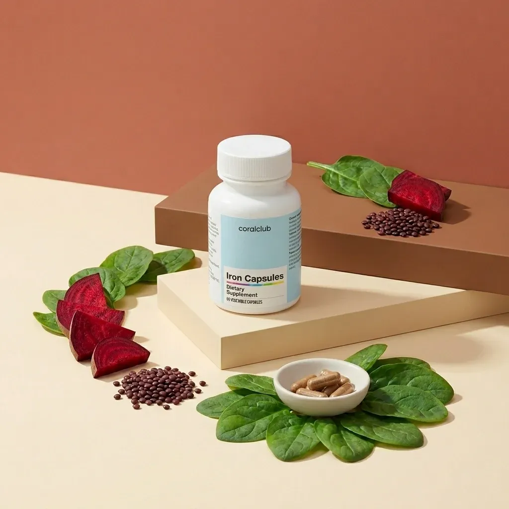 Iron capsules on a neutral backdrop with spinach leaves and beets, showcasing the ingredient context.