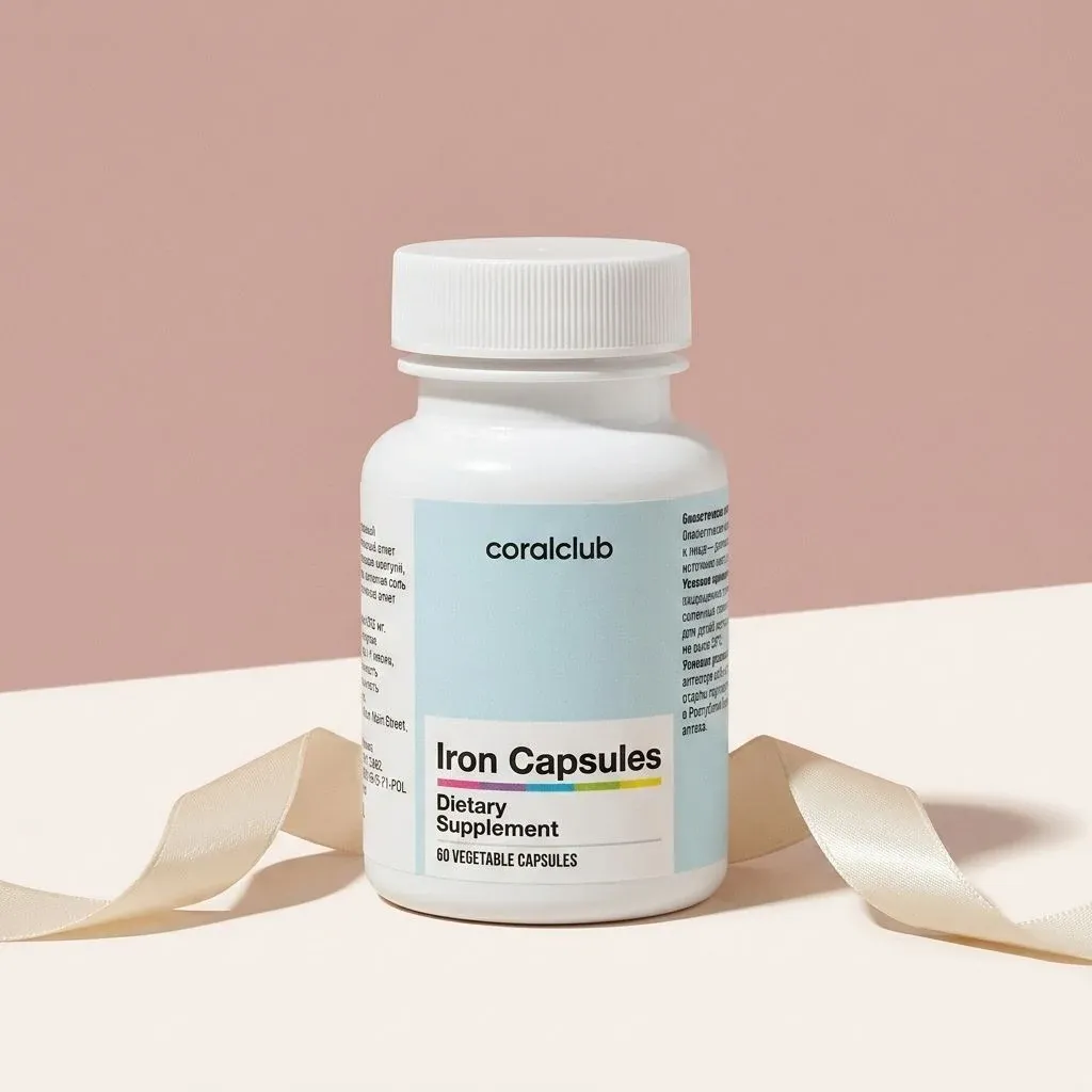 Iron Capsules dietary supplement packshot with white bottle and soft pastel background.