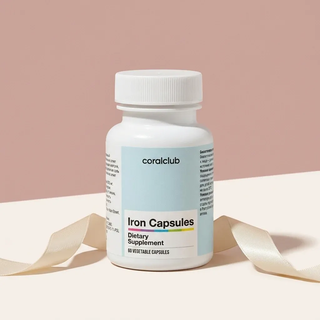 Iron Capsules dietary supplement packshot with white bottle and soft pastel background.