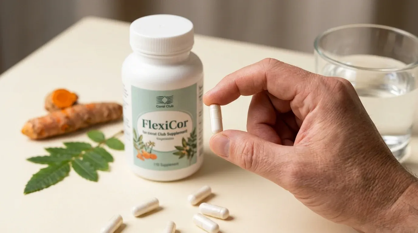Erwachsener an cremefarbenem Tisch nimmt Joint Support Kapsel aus weißer FlexiCor-Flasche, umgeben von Kurkuma und Boswellia