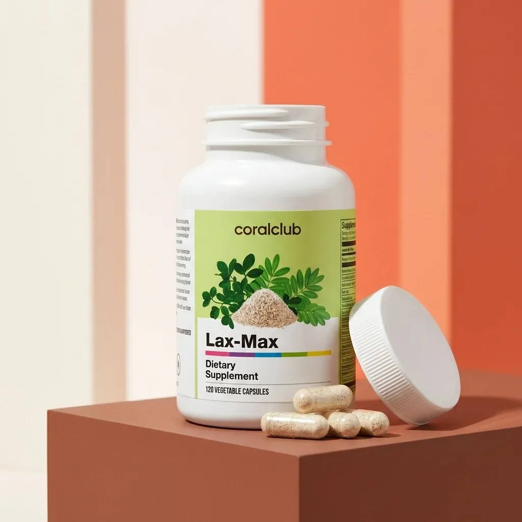 Lax-Max dietary supplement bottle with vegetable capsules displayed on a geometric background.
