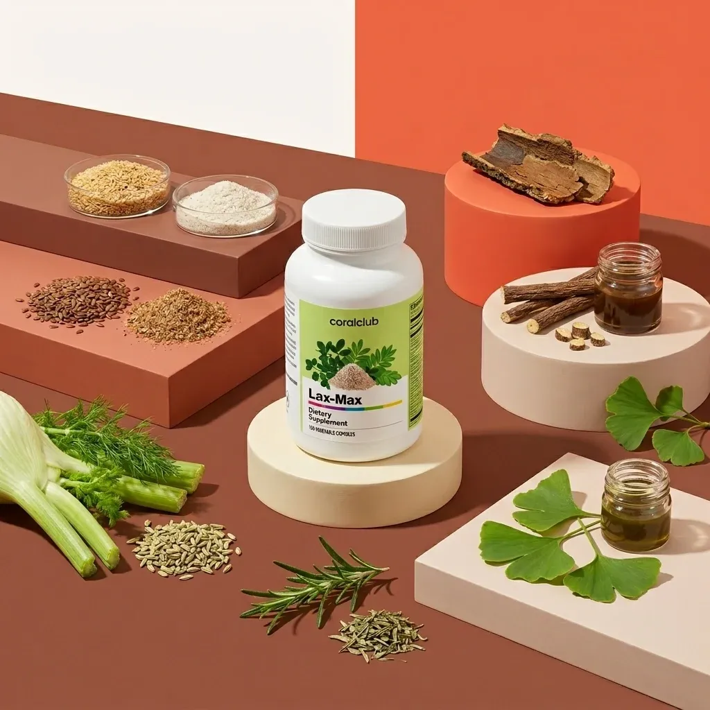 Lax-Max dietary supplement with natural herbs and spices on display.
