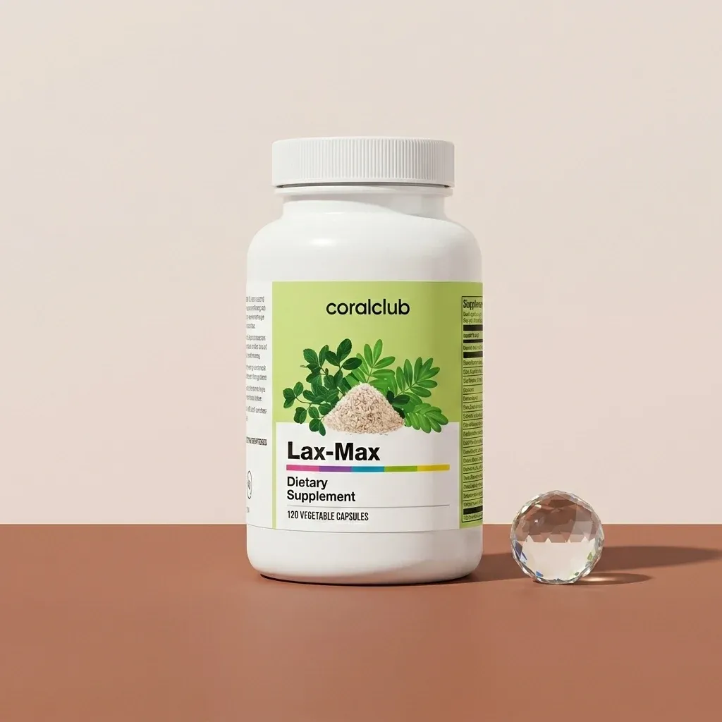 Lax-Max dietary supplement packshot with 120 vegetable capsules and herbal ingredients.