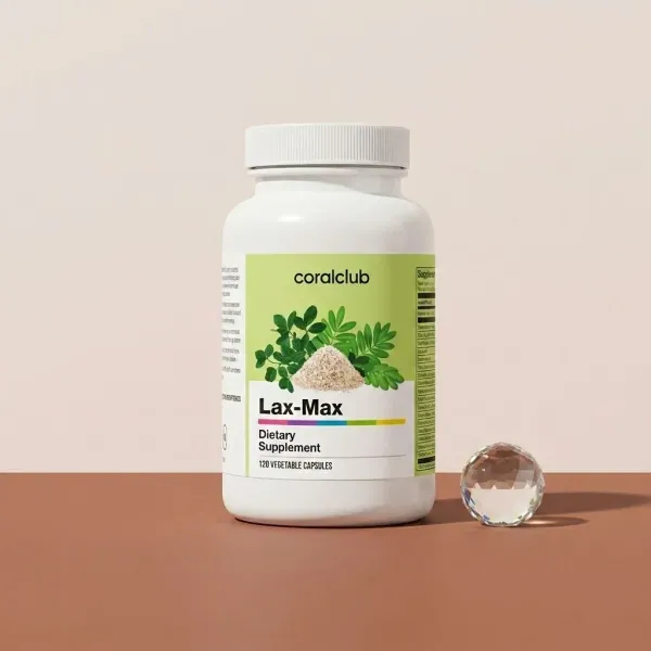 Lax-Max dietary supplement packshot with 120 vegetable capsules and herbal ingredients.