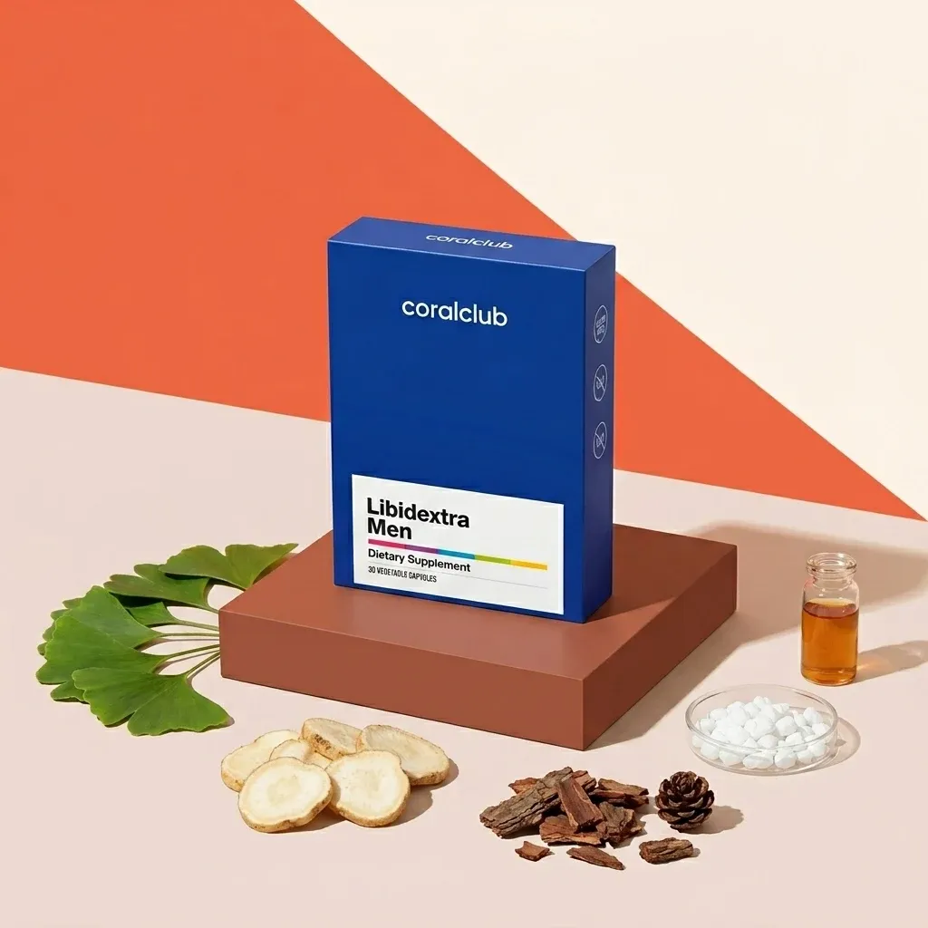Libidextra Men dietary supplement box with natural ingredients like herbs and a small bottle.