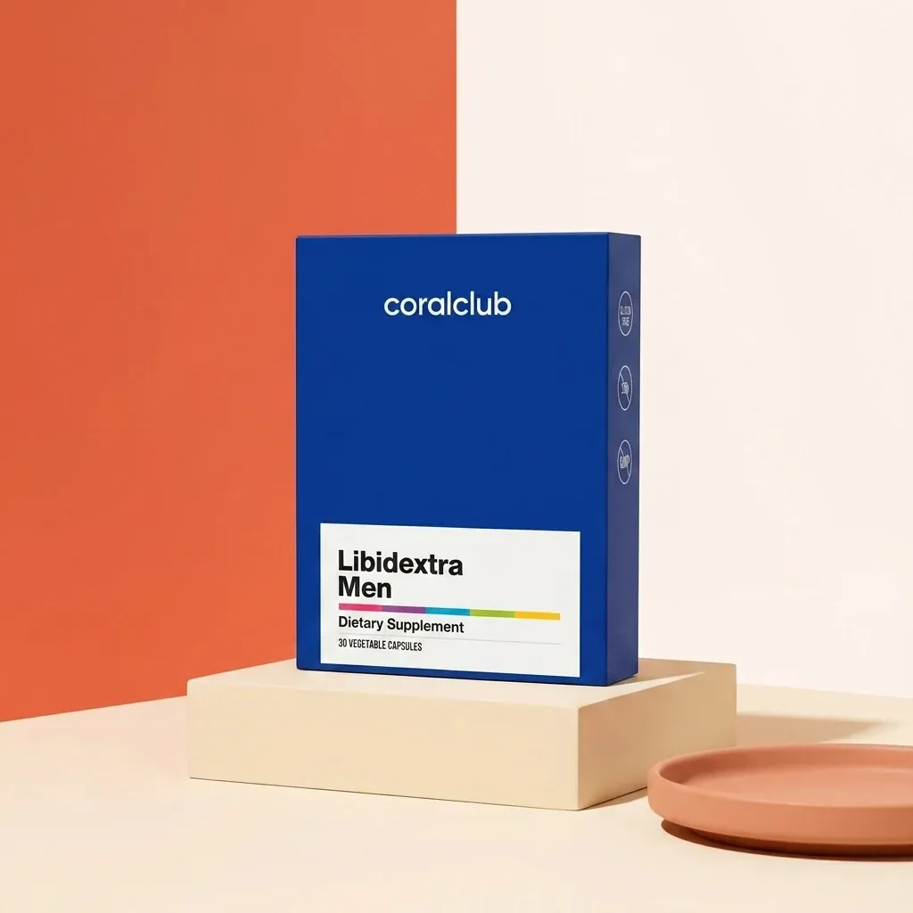 Libidextra Men dietary supplement packshot with blue packaging and a modern backdrop.