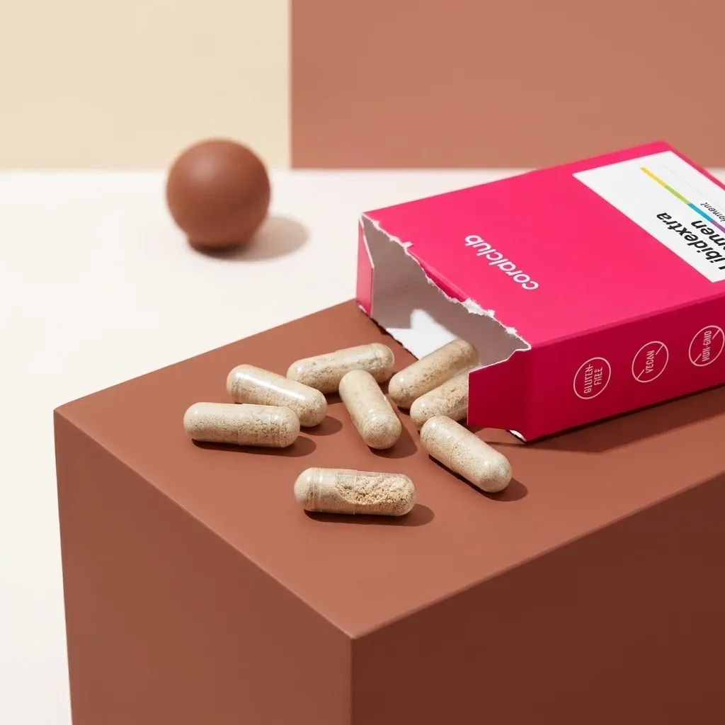 Libidextra Women capsules spilled from a pink box on a minimalist surface.