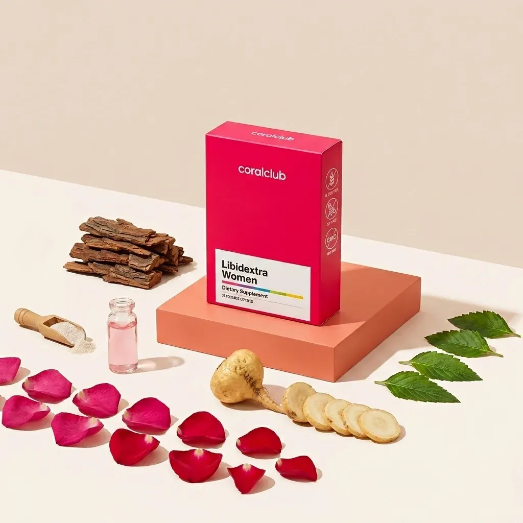 Libidextra Women dietary supplement box with ingredients like herbs and rose petals.