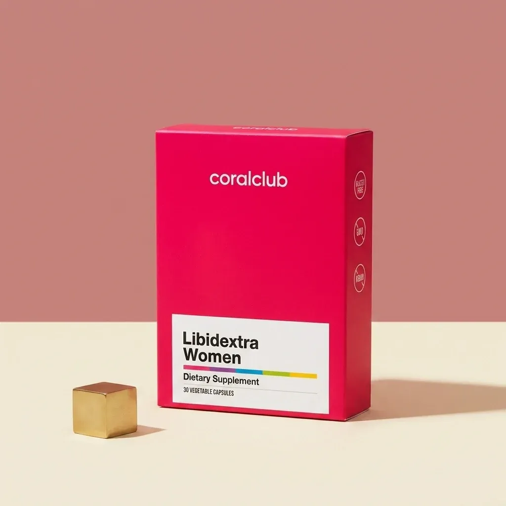 Libidextra Women dietary supplement packshot with vibrant pink packaging and gold accent.