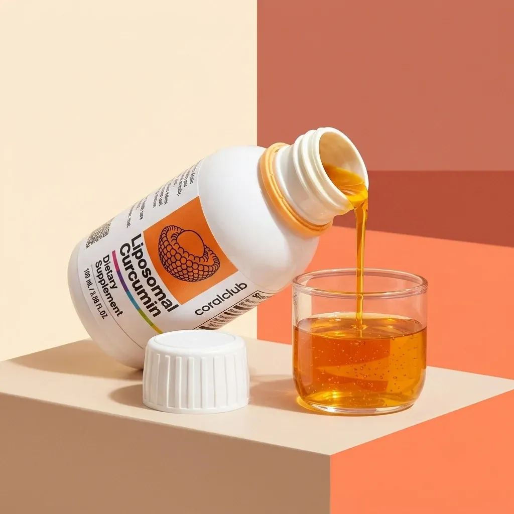 Liposomal Curcumin supplement bottle pouring golden liquid into a glass.