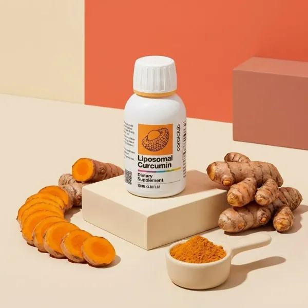 Liposomal Curcumin dietary supplement with turmeric root and powder on a neutral background.