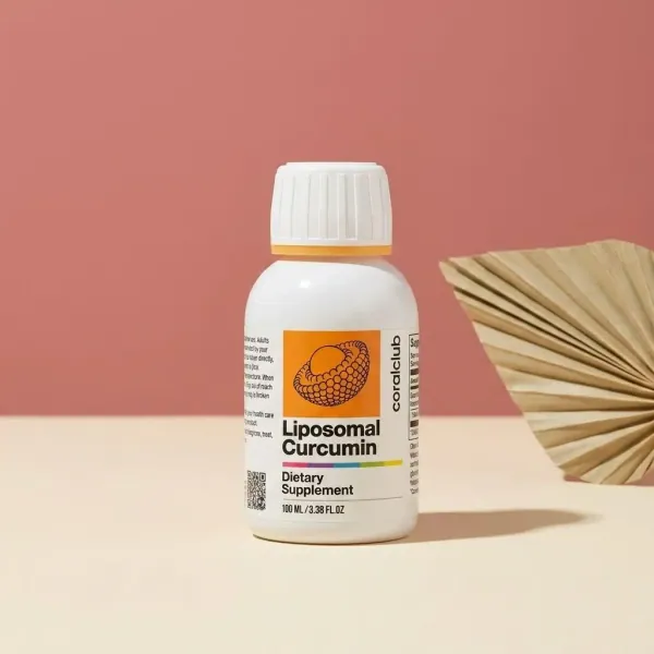 Liposomal Curcumin dietary supplement packshot with a white bottle and a minimalist background.