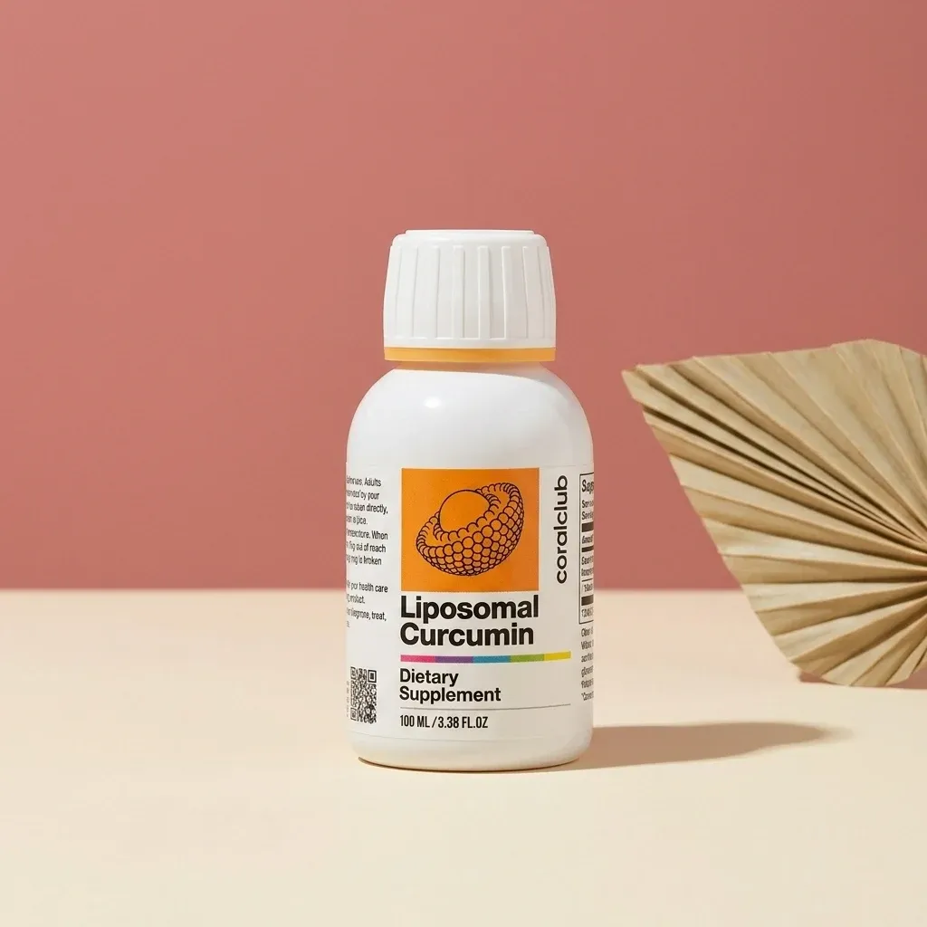 Liposomal Curcumin dietary supplement packshot with a white bottle and a minimalist background.