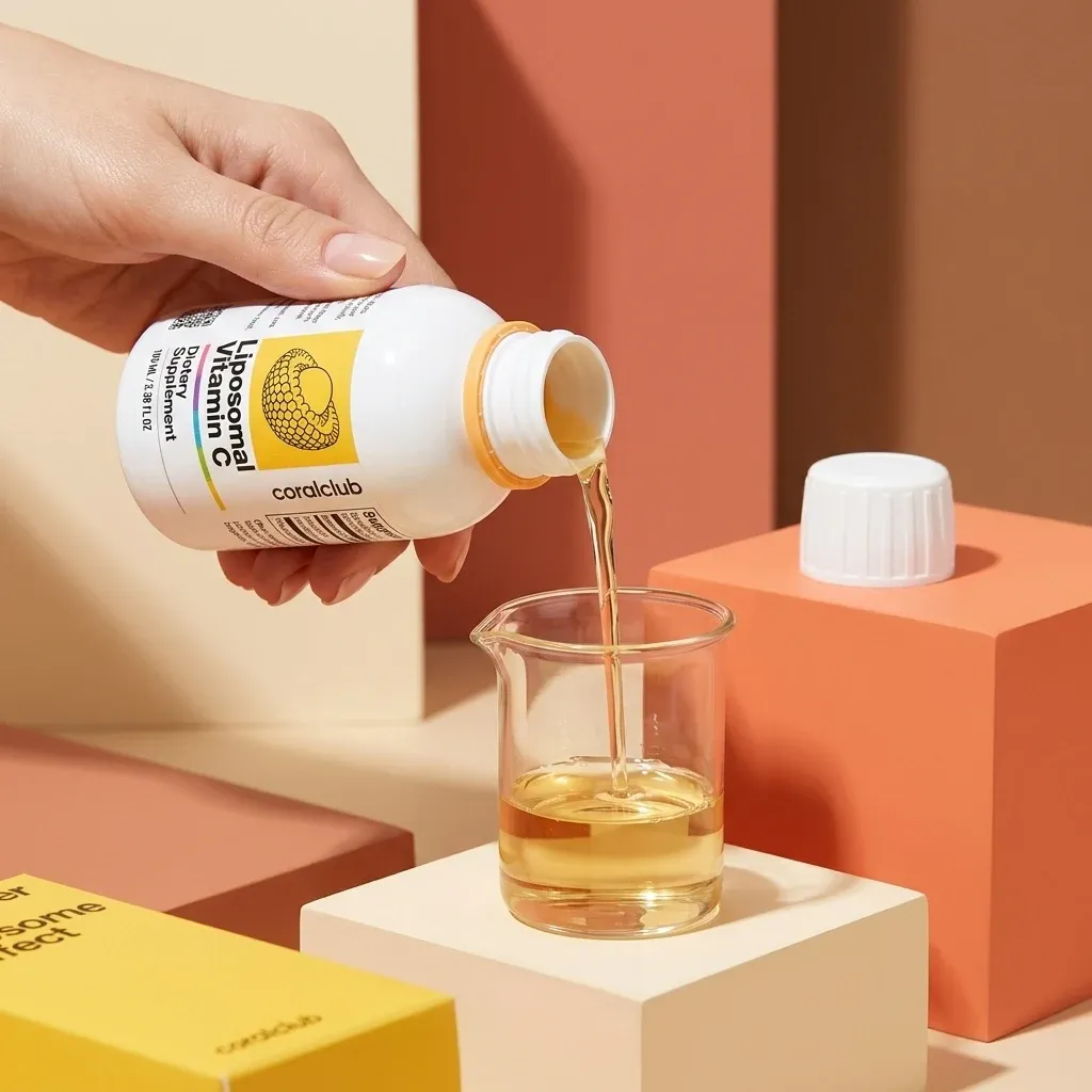Liposomal Vitamin C detail shot, pouring liquid into a glass beaker with colorful geometric blocks.