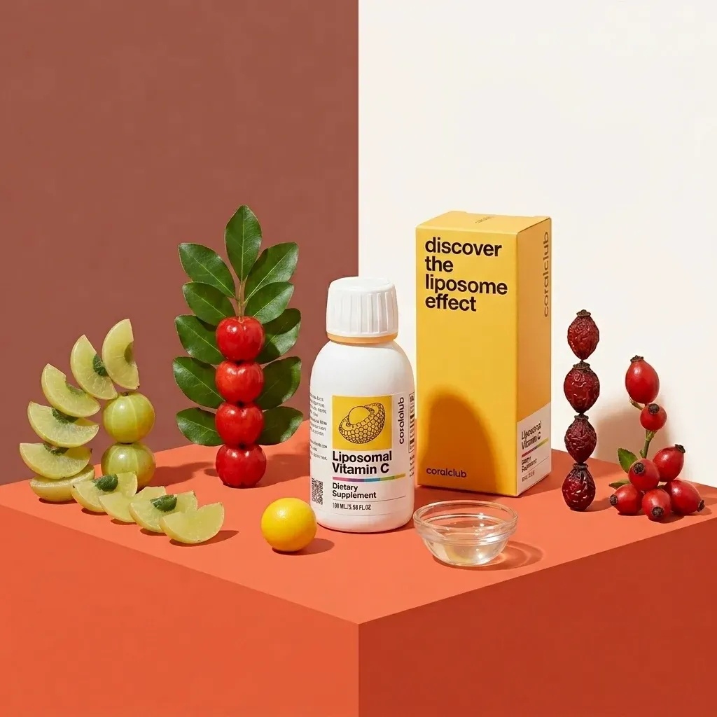 Liposomal Vitamin C bottle with fresh fruits and natural ingredients on a colorful backdrop.