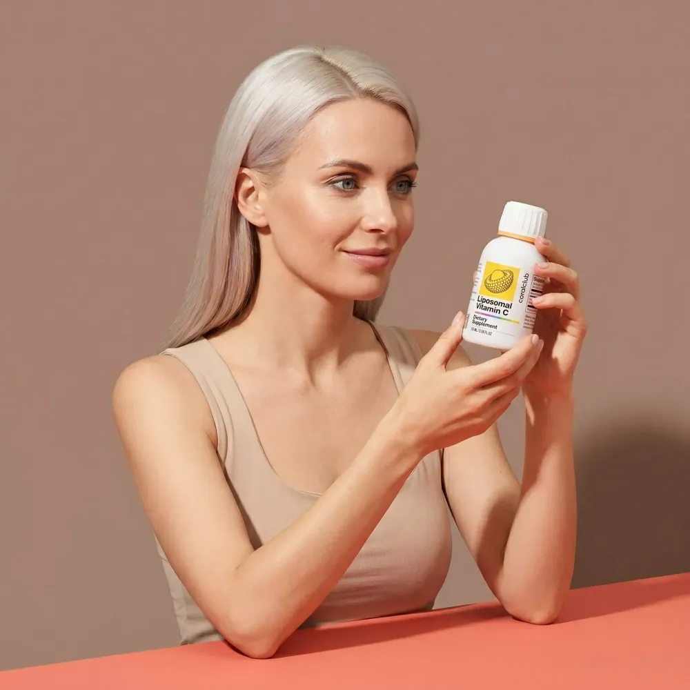 Woman holding Liposomal Vitamin C bottle in a lifestyle setting.