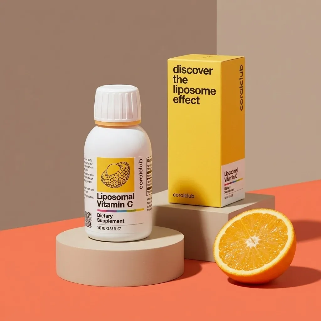 Liposomal Vitamin C packshot with bottle, box, and fresh orange on a colorful background.