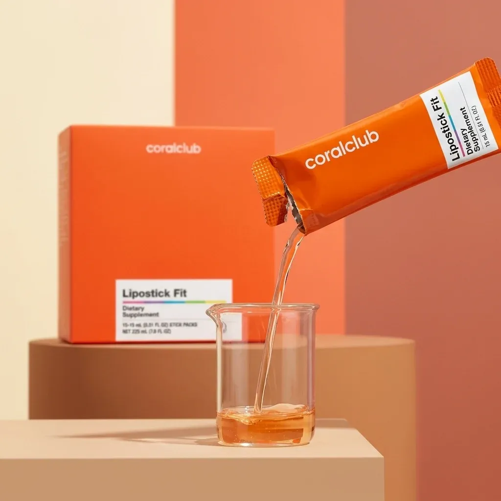 Lipostick Fit dietary supplement detail with orange packaging and liquid being poured into a glass.