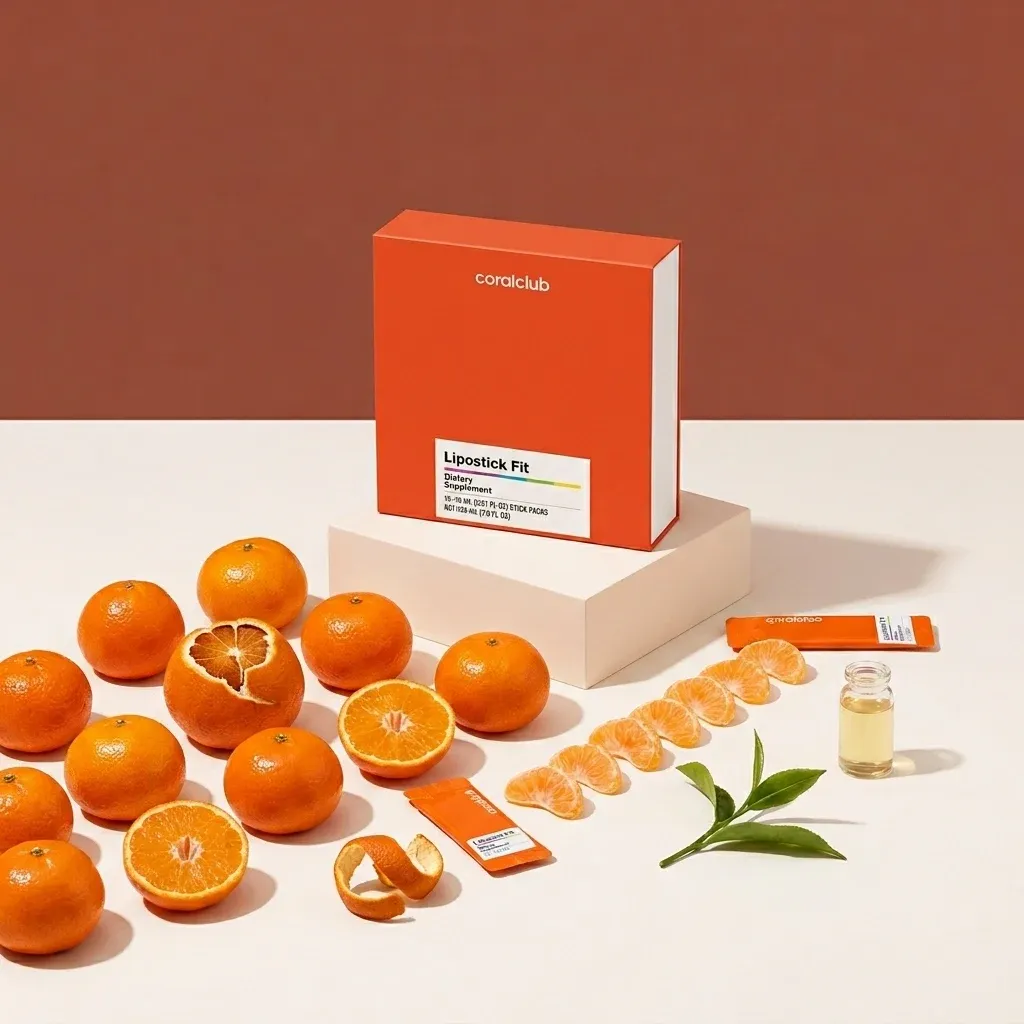 Lipostick Fit ingredient display with oranges, orange slices, and a small bottle on a minimalist background.