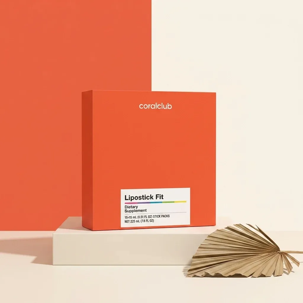 Lipostick Fit dietary supplement packshot with vibrant orange packaging and minimalist background.