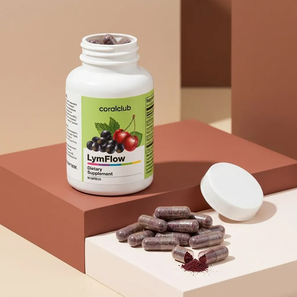 LymFlow dietary supplement bottle with capsules and powder on a geometric background.