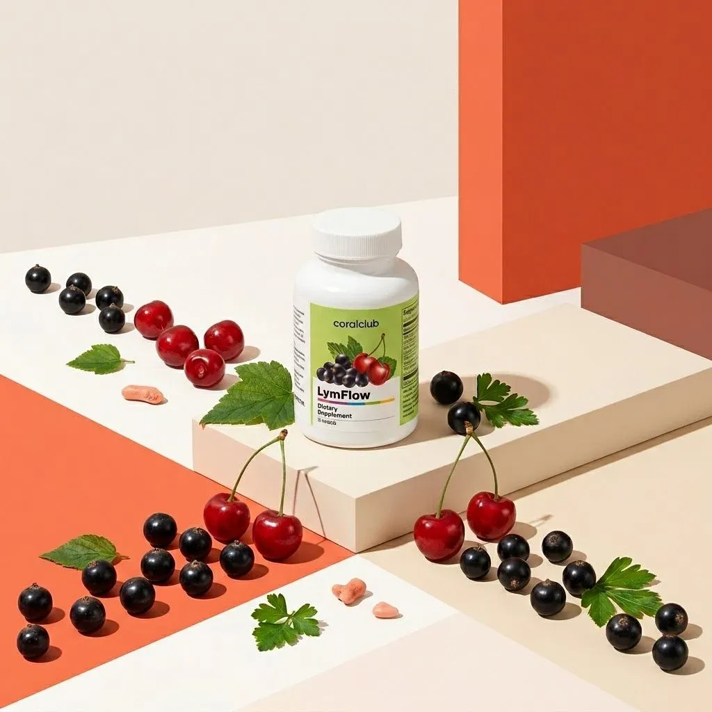 LymFlow dietary supplement bottle surrounded by fresh cherries and blackcurrants on a colorful backdrop.