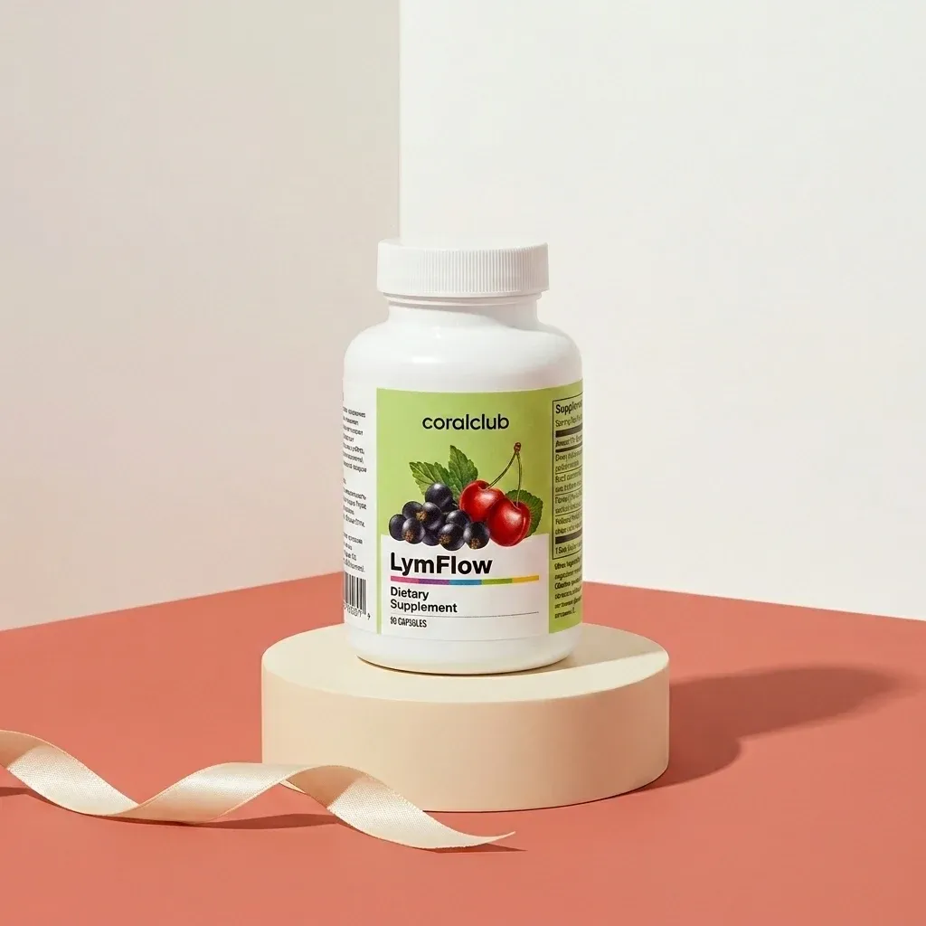 LymFlow dietary supplement packshot on a minimalist pedestal with a soft ribbon.