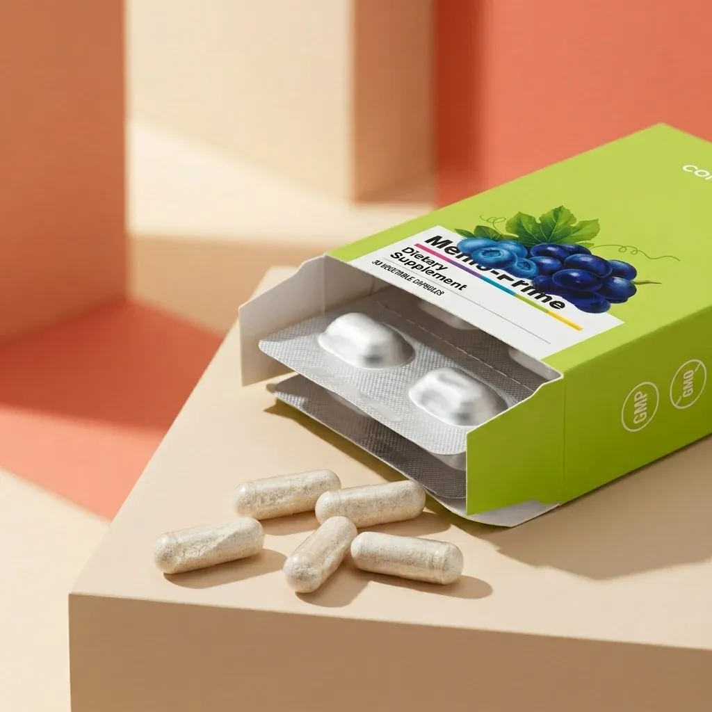 Memo-Prime dietary supplement box with capsules, featuring green packaging and blueberry illustration.